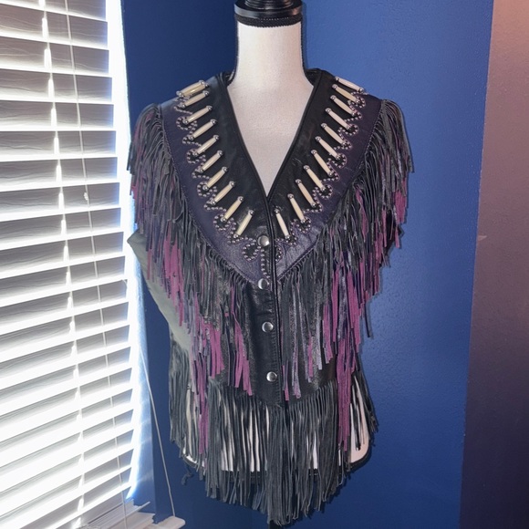 Western Wear By Shaf Jackets & Blazers - 🟣 Western Wear by Shaf Leather Vest – Purple & Black Fringe, Bone & Silver Stud